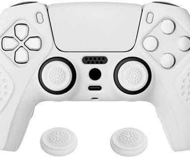 eXtremeRate PlayVital Guardian Edition White Ergonomic Soft Anti-Slip Controller Silicone Case Cover for ps5, Rubber Protector Skins with White Joystick Caps for ps5 Controller