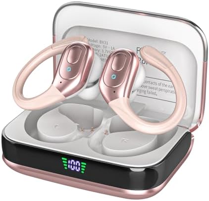 Wireless Earbuds Bluetooth 5.4 Headphones, Noise Canceling Ear Buds with 75hr Playtime, LED Power Display, IPX7 Waterproof Earphones Over-Ear Earphones for Sports/Workouts - Rose Gold