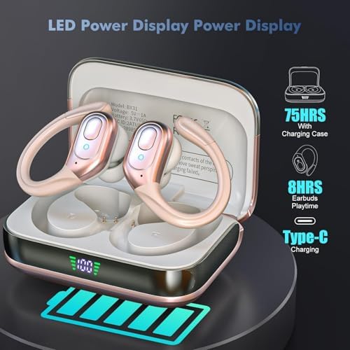 Wireless Earbuds Bluetooth 5.4 Headphones, Noise Canceling Ear Buds with 75hr Playtime, LED Power Display, IPX7 Waterproof Earphones Over-Ear Earphones for Sports/Workouts - Rose Gold - Image 2