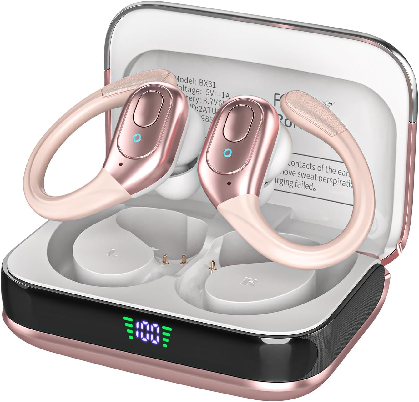 Wireless Earbuds Bluetooth 5.4 Headphones, Noise Canceling Ear Buds with 75hr Playtime, LED Power Display, IPX7 Waterproof Earphones Over-Ear Earphones for Sports/Workouts - Rose Gold - Image 9